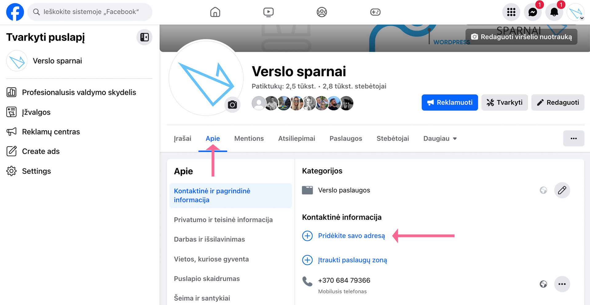 Facebook puslapio informacija Apie
