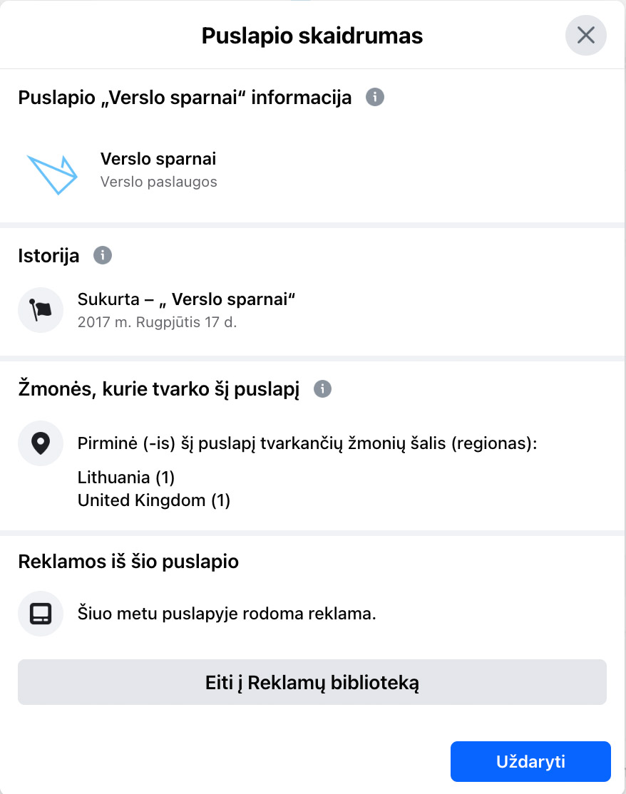 Facebook puslapio skaidrumo informacija