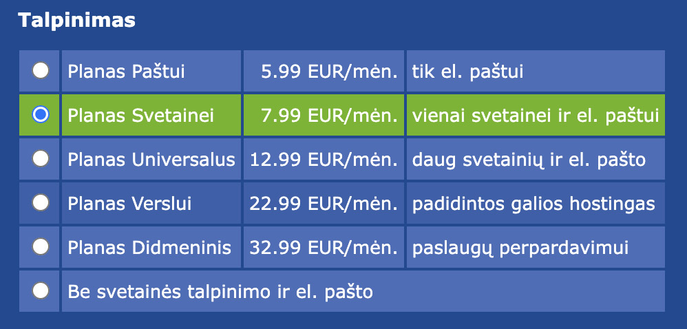 Talpinimo plano pasirinkimas