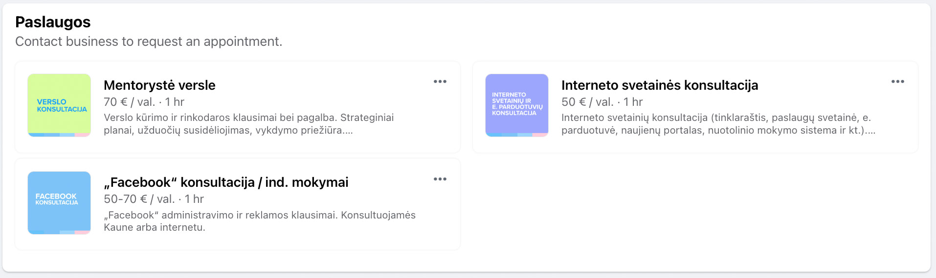 Paslaugų sąrašas Facebook puslapyje
