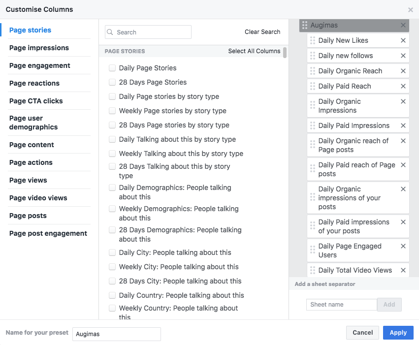 Facebook rezultatų ataskaitos šablono kūrimas