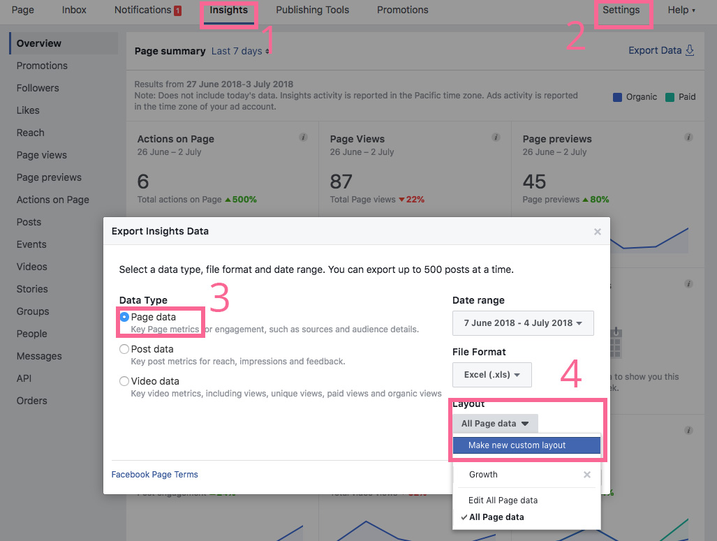 Facebook rezultatų ataskaitos šablono kūrimas