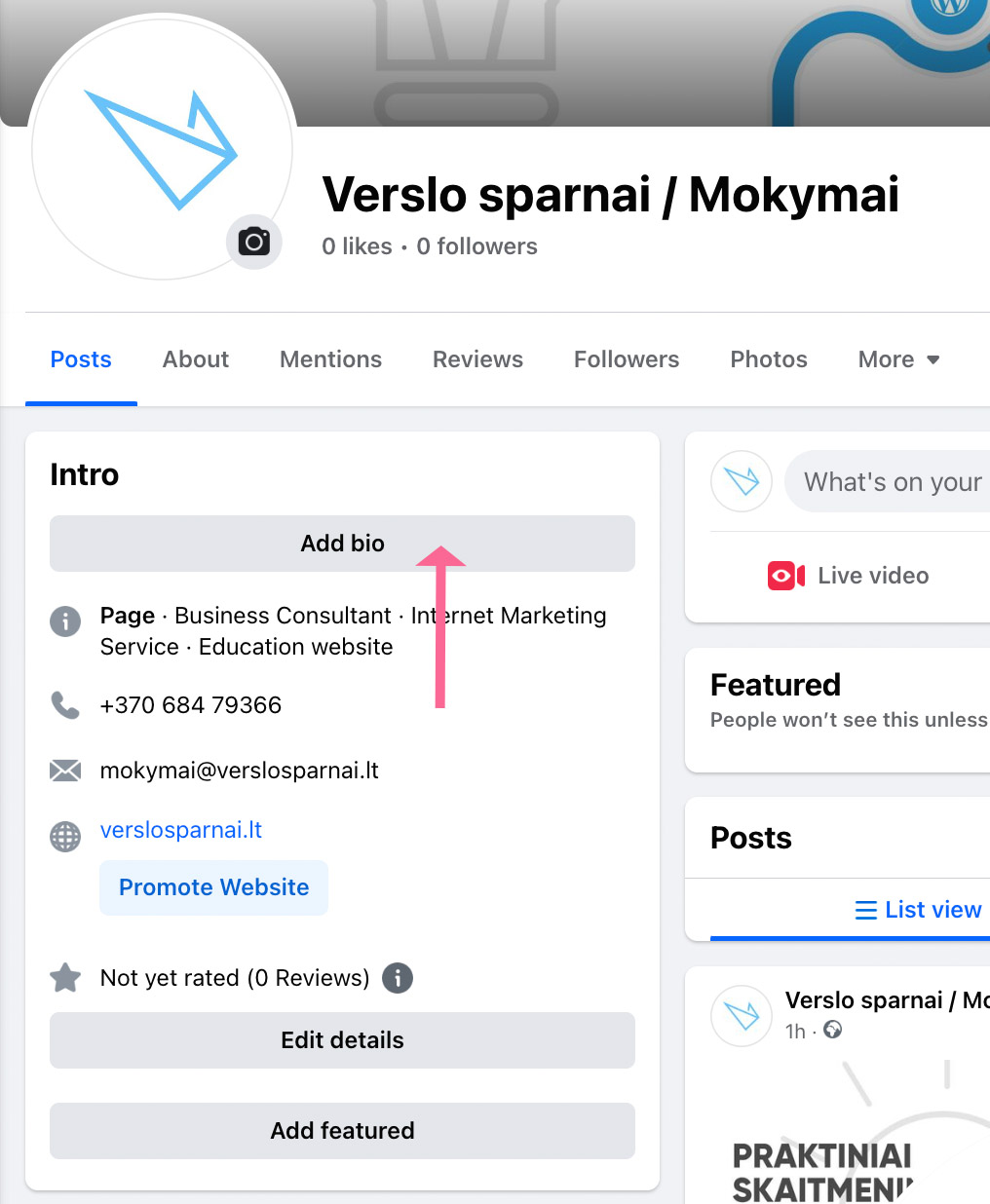 Facebook puslapio bio aprašymas