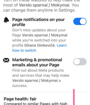 Facebook pranešimai apie puslapyje vykstančią veiklą