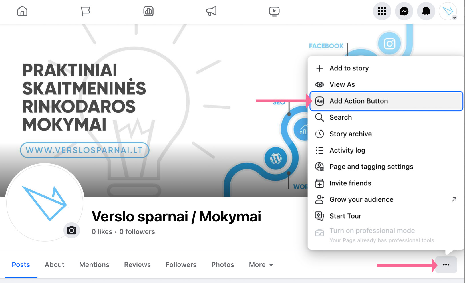 Facebook puslapio veiksmo mygtukas