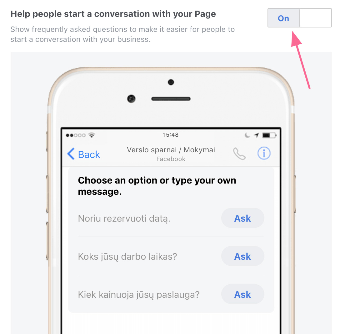 Automatiniai klausimai Facebook žinutėse