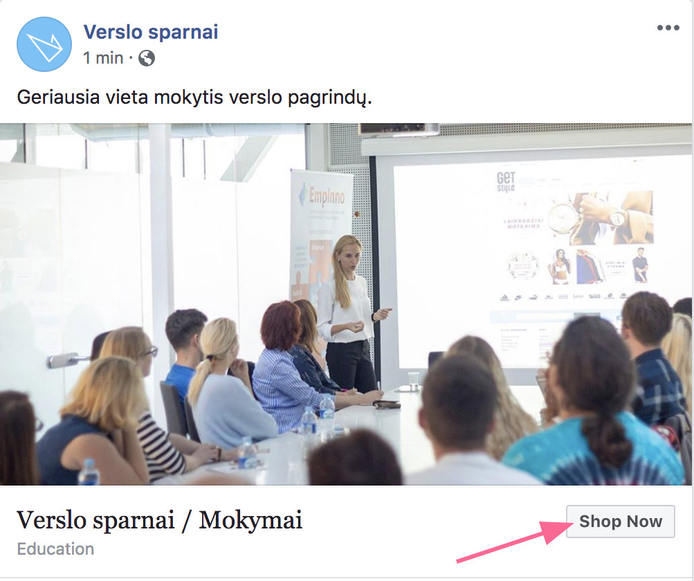 Facebook įrašų formatai: mygtukas Shop now (Apsipirkti dabar)