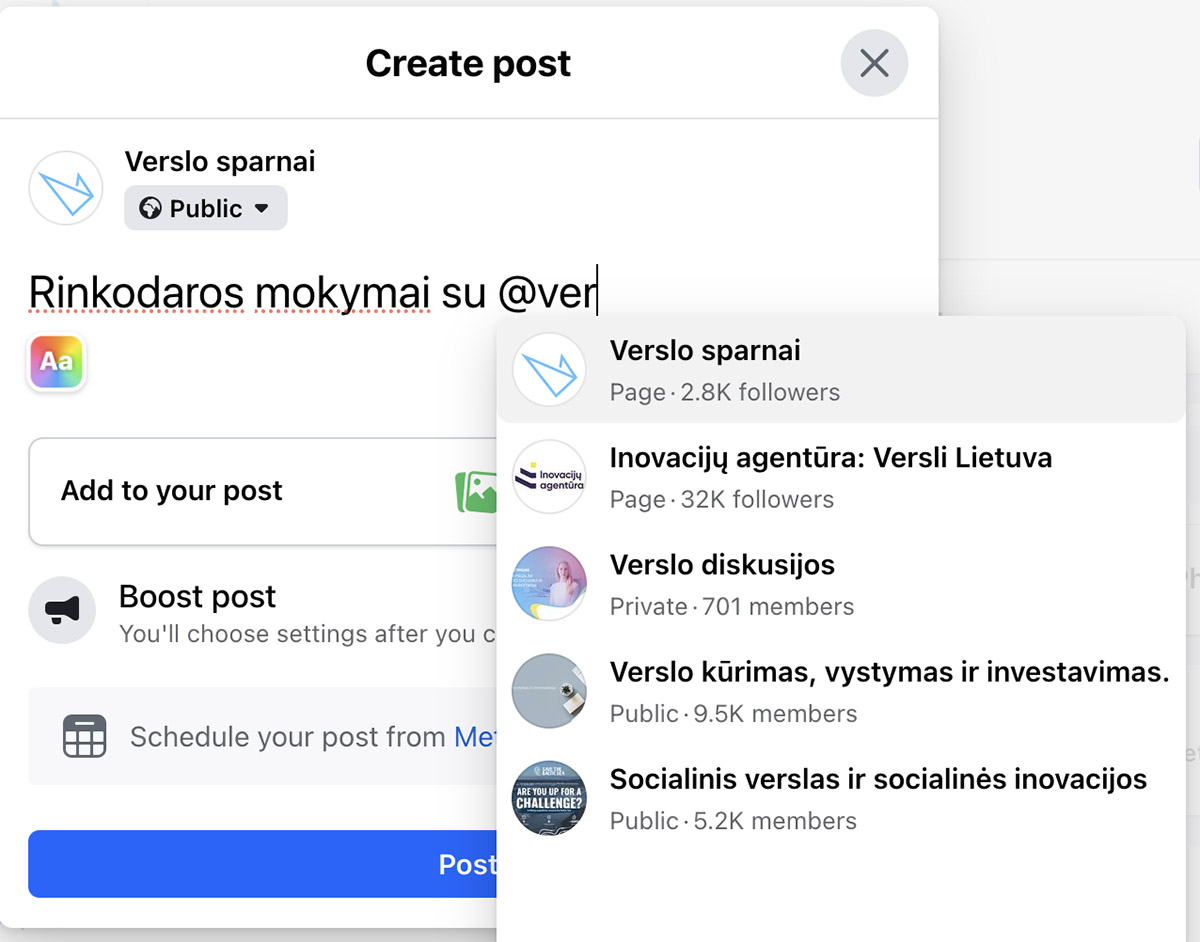 Facebook puslapio žymėjimas
