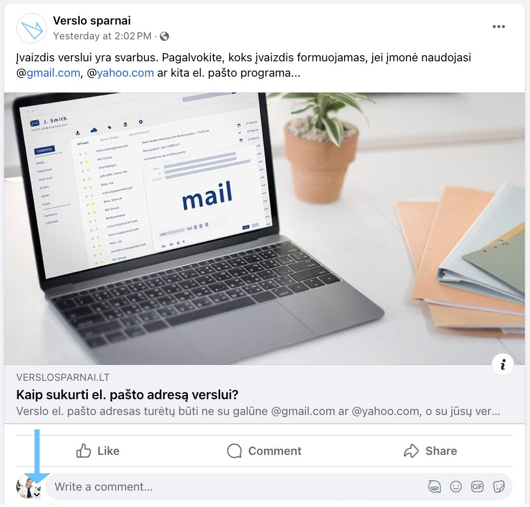 Komentuoti kaip Facebook puslapis