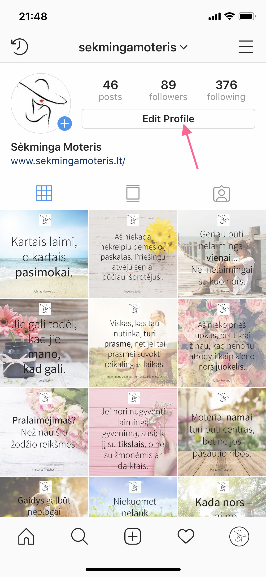 Instagram profilio informacijos redagavimas