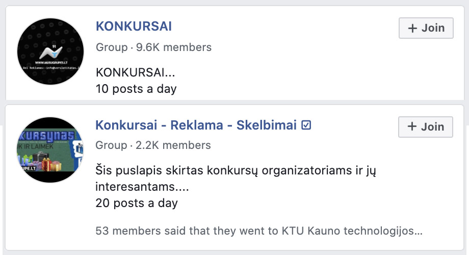 Facebook konkursų grupės