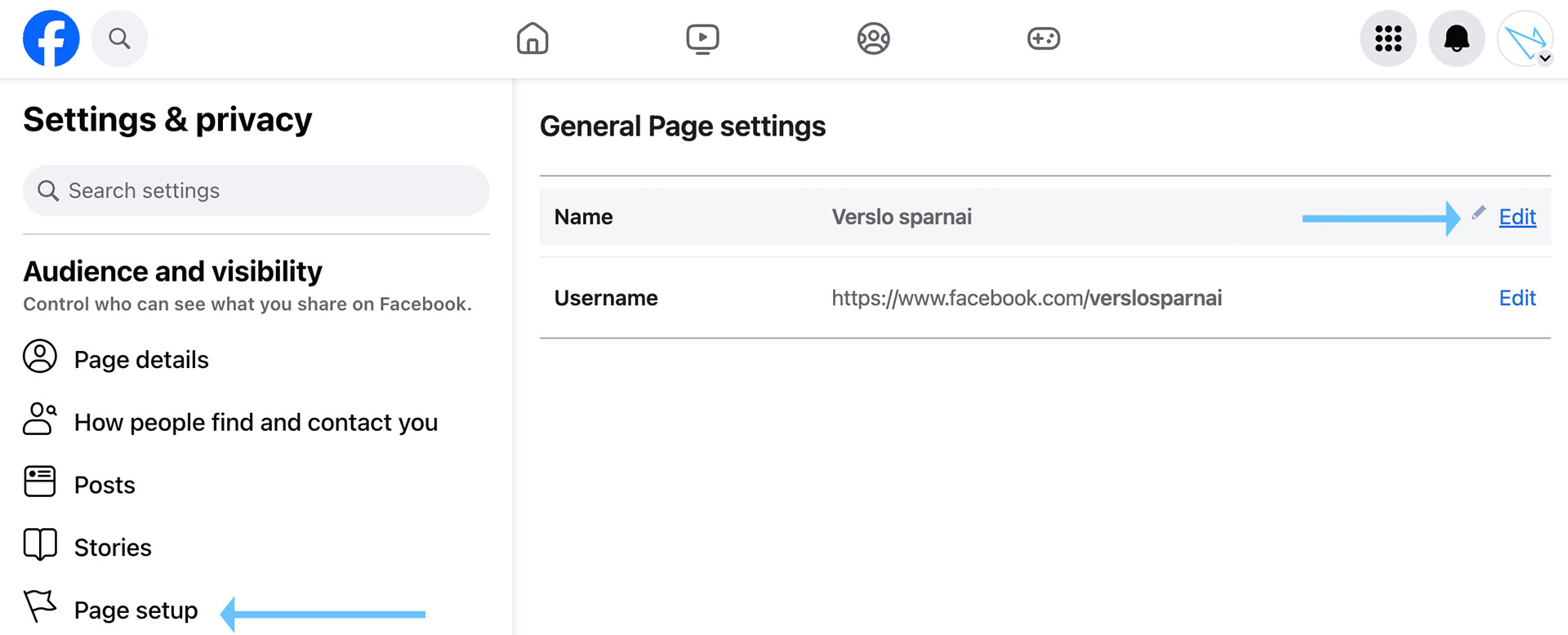 Facebook puslapio nustatymai