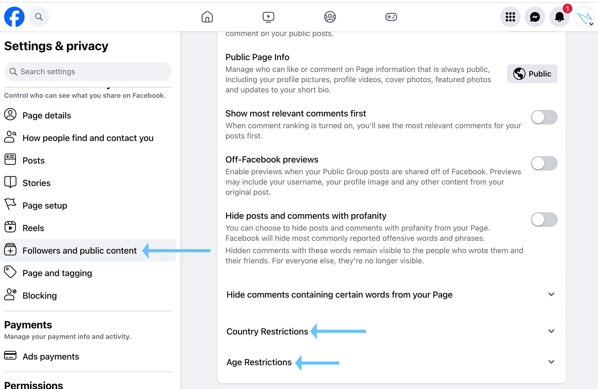 Facebook puslapio ribojimai